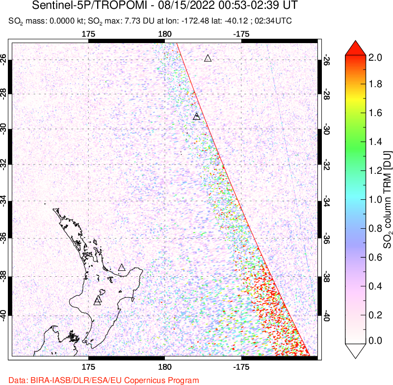 A sulfur dioxide image over New Zealand on Aug 15, 2022.