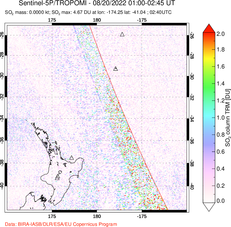 A sulfur dioxide image over New Zealand on Aug 20, 2022.
