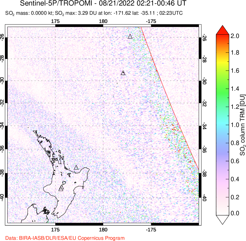 A sulfur dioxide image over New Zealand on Aug 21, 2022.