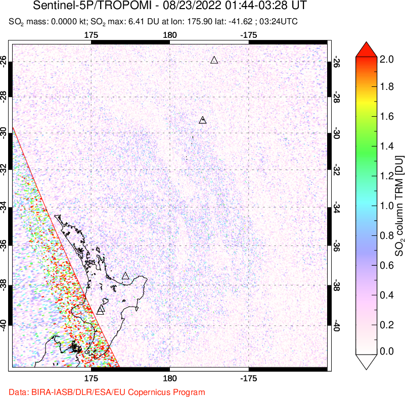 A sulfur dioxide image over New Zealand on Aug 23, 2022.