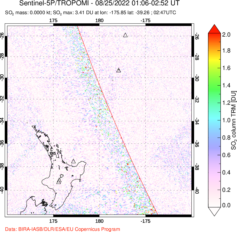 A sulfur dioxide image over New Zealand on Aug 25, 2022.