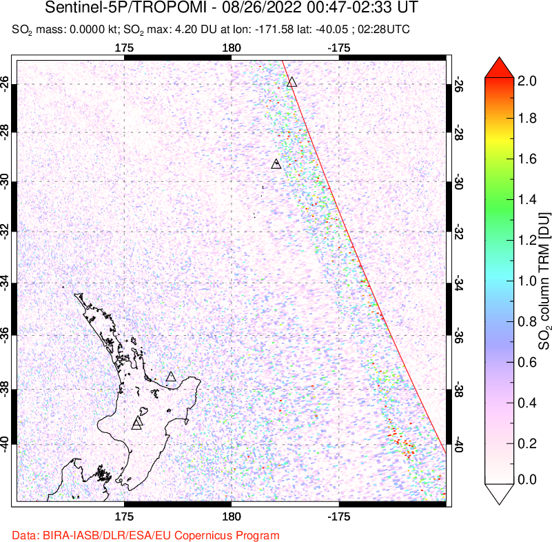 A sulfur dioxide image over New Zealand on Aug 26, 2022.