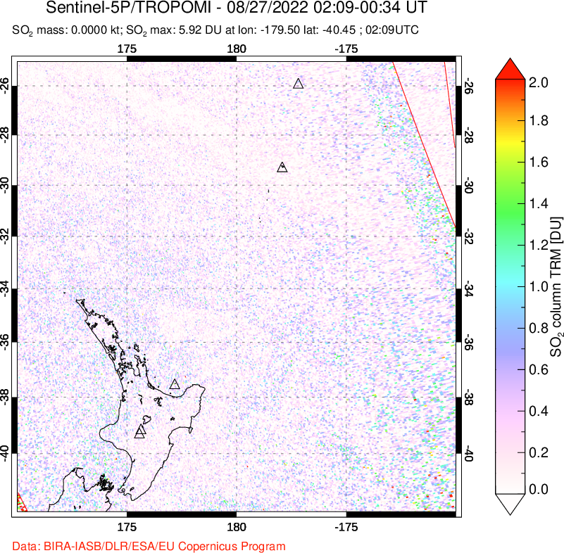 A sulfur dioxide image over New Zealand on Aug 27, 2022.