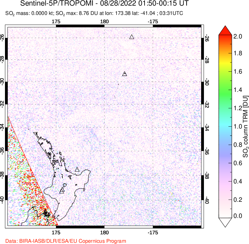 A sulfur dioxide image over New Zealand on Aug 28, 2022.