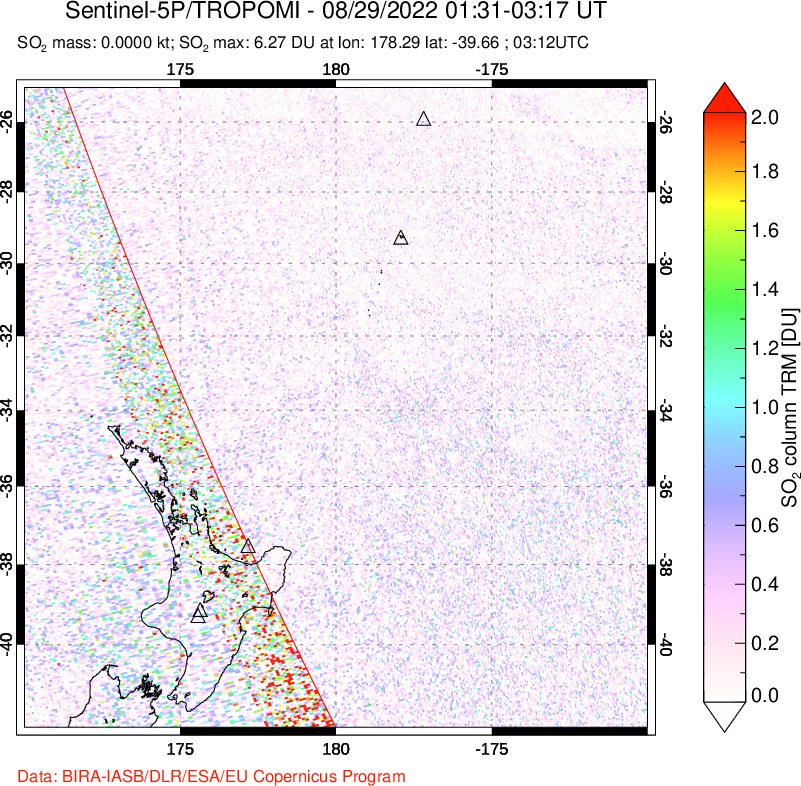 A sulfur dioxide image over New Zealand on Aug 29, 2022.