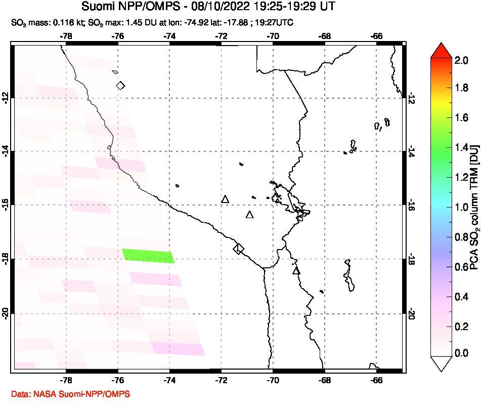 A sulfur dioxide image over Peru on Aug 10, 2022.