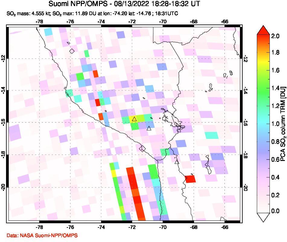 A sulfur dioxide image over Peru on Aug 13, 2022.