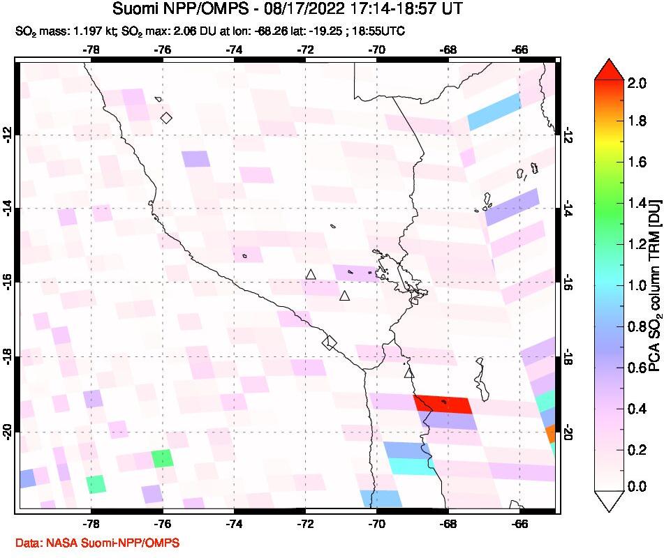 A sulfur dioxide image over Peru on Aug 17, 2022.