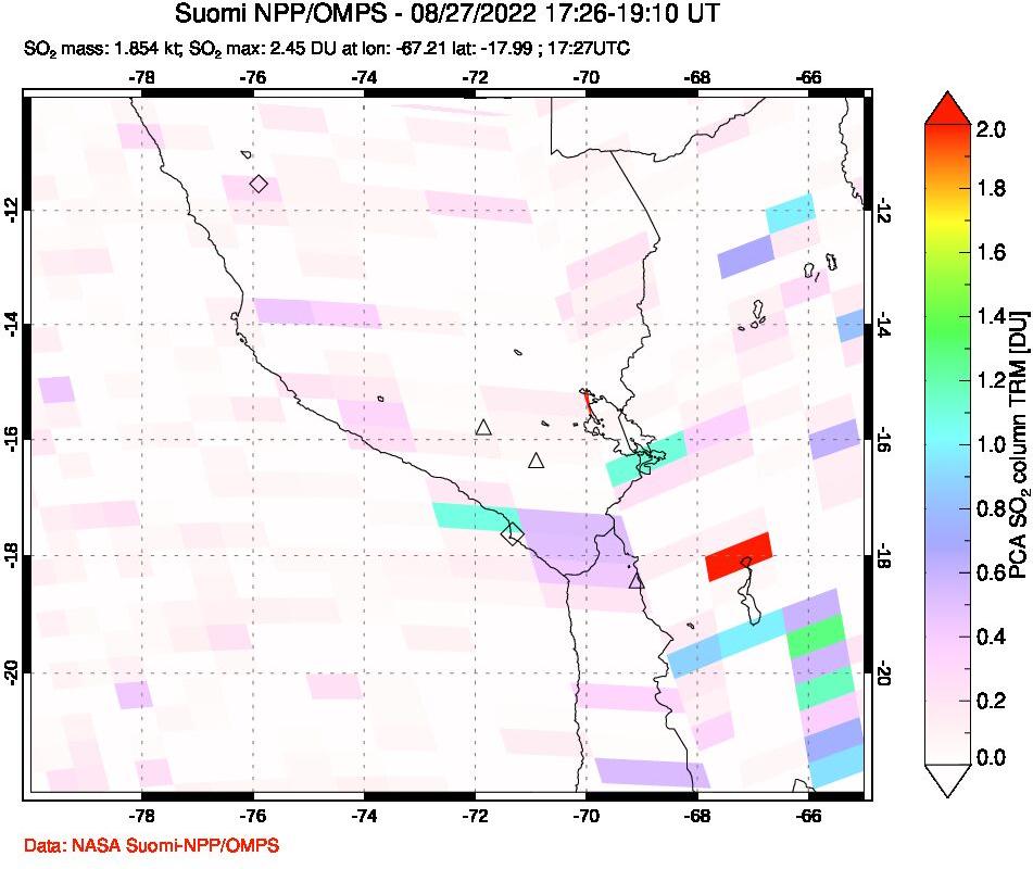 A sulfur dioxide image over Peru on Aug 27, 2022.