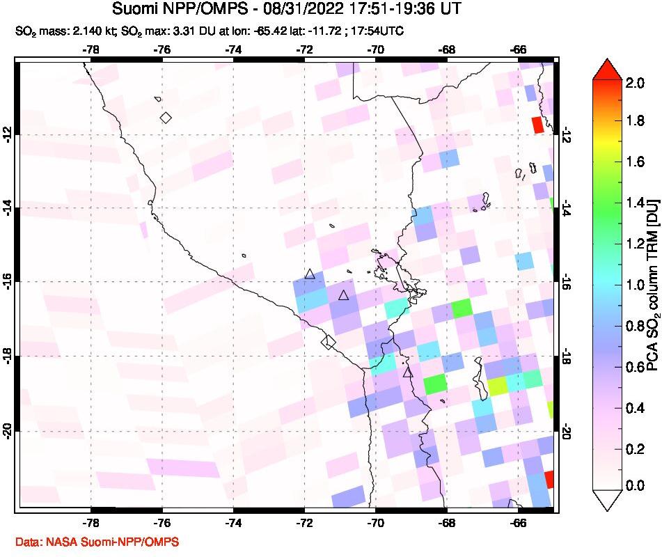 A sulfur dioxide image over Peru on Aug 31, 2022.