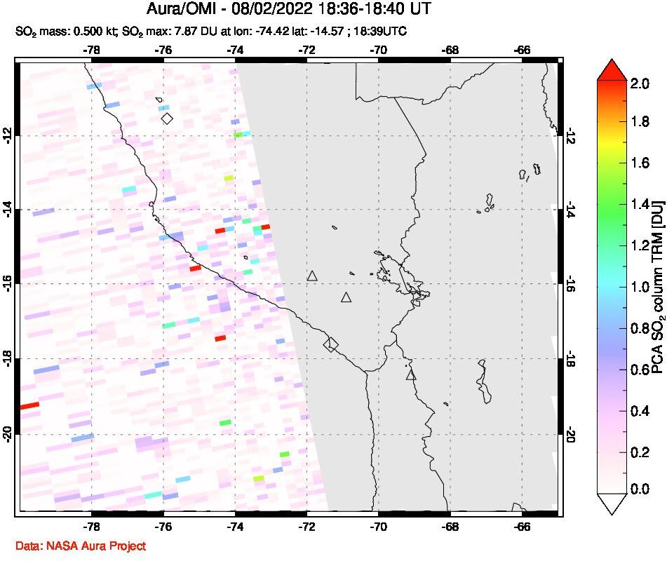A sulfur dioxide image over Peru on Aug 02, 2022.