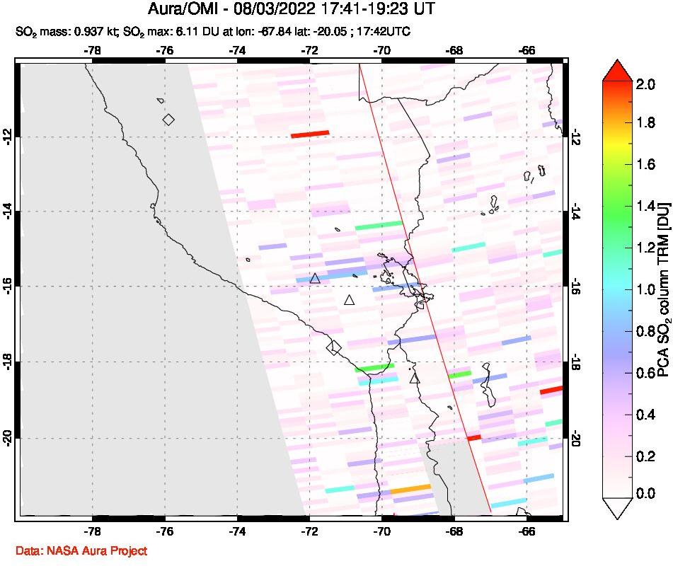 A sulfur dioxide image over Peru on Aug 03, 2022.