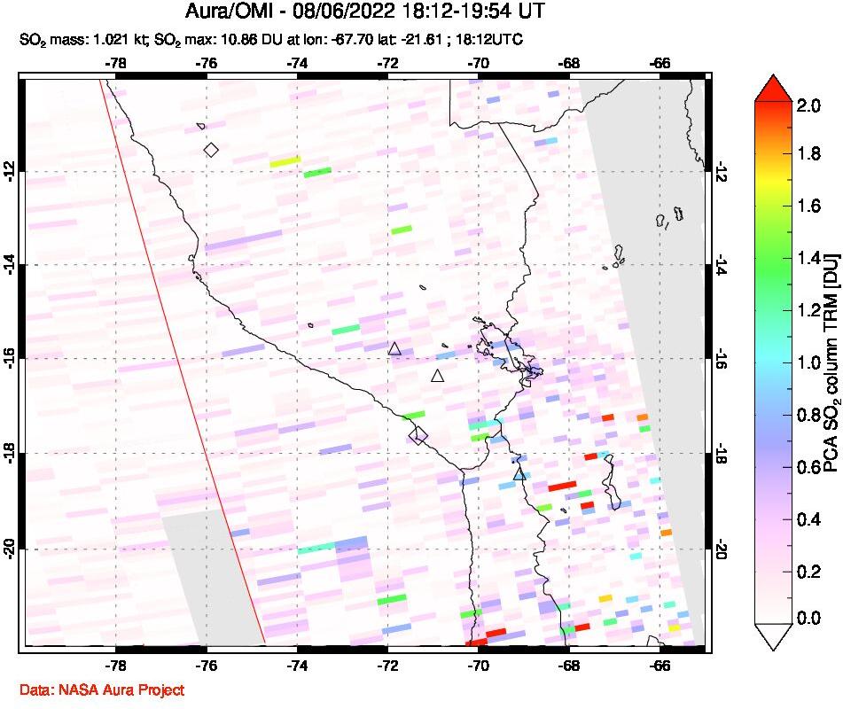 A sulfur dioxide image over Peru on Aug 06, 2022.
