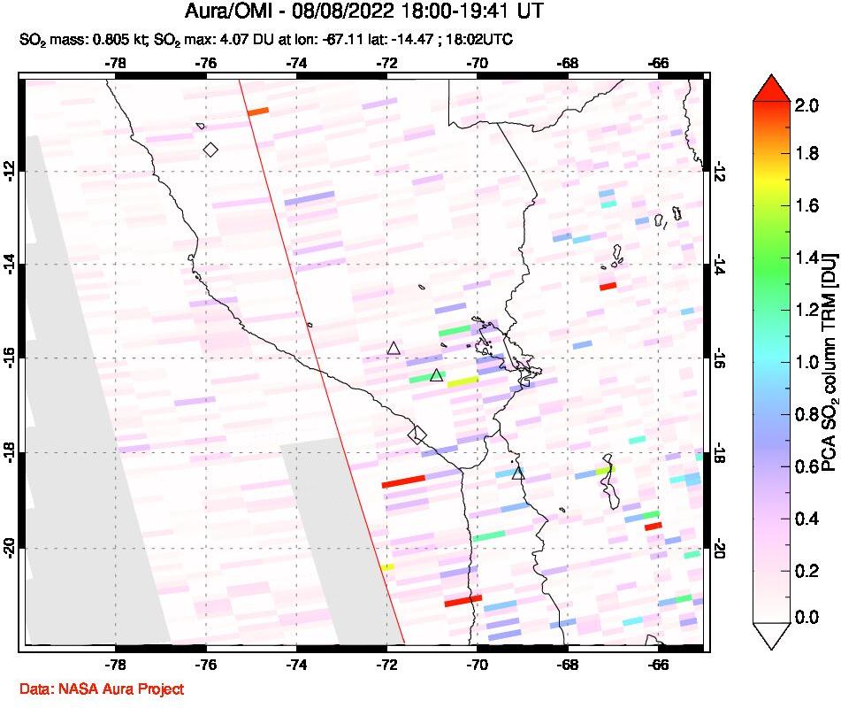 A sulfur dioxide image over Peru on Aug 08, 2022.
