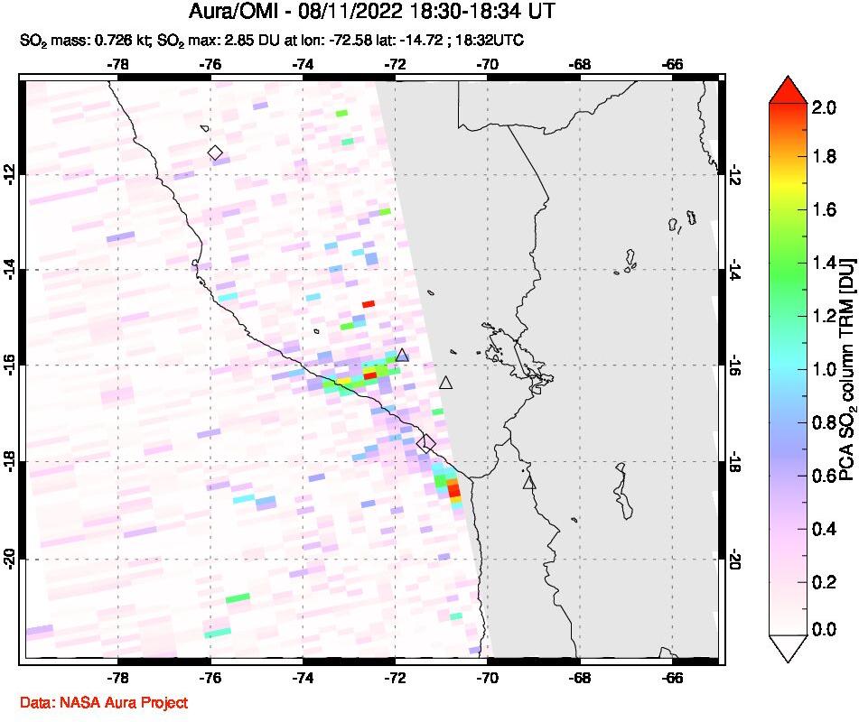 A sulfur dioxide image over Peru on Aug 11, 2022.