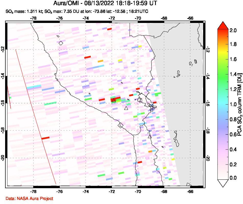 A sulfur dioxide image over Peru on Aug 13, 2022.