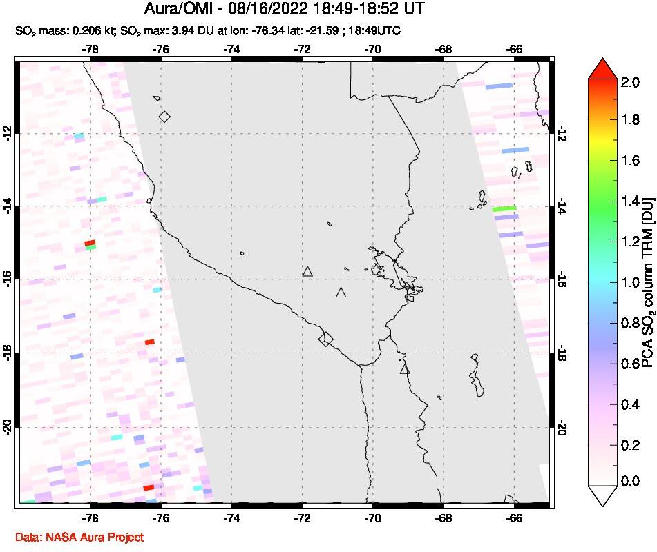 A sulfur dioxide image over Peru on Aug 16, 2022.