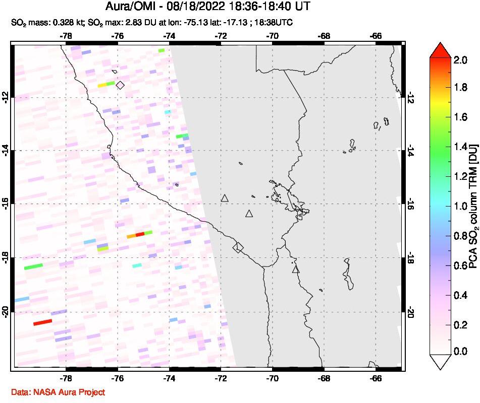 A sulfur dioxide image over Peru on Aug 18, 2022.