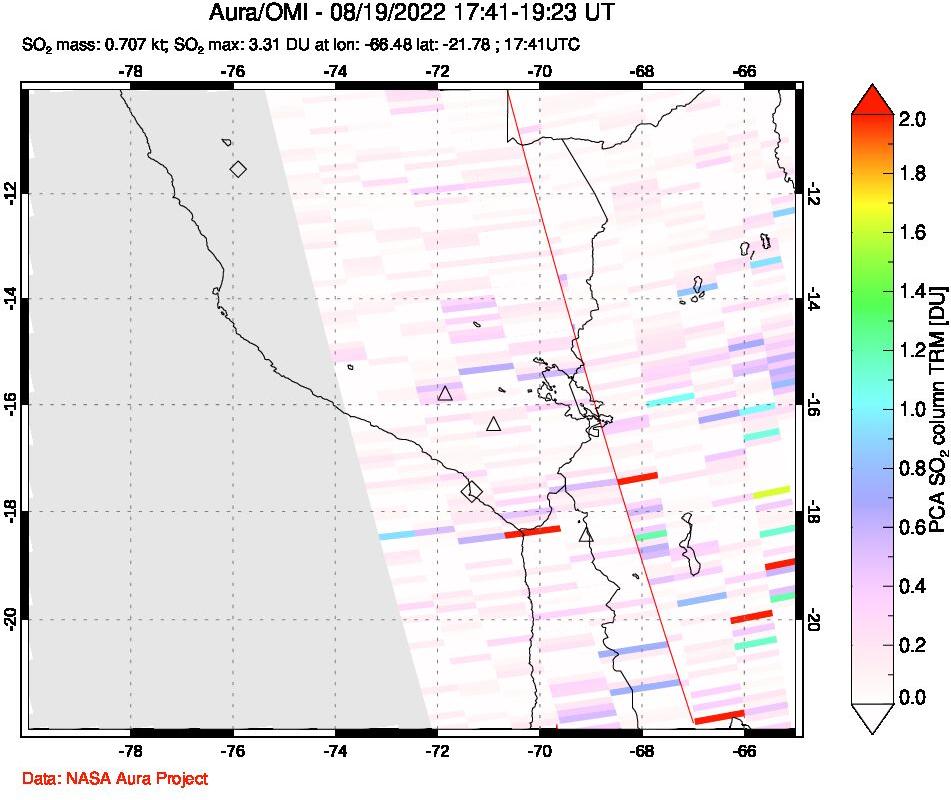 A sulfur dioxide image over Peru on Aug 19, 2022.