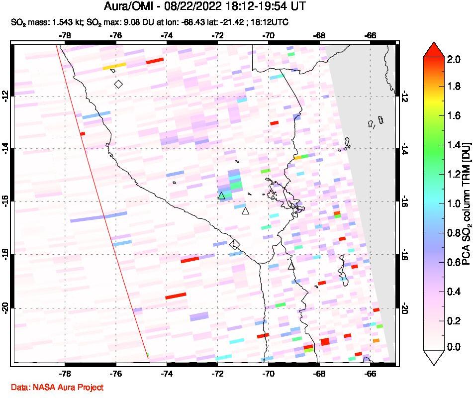 A sulfur dioxide image over Peru on Aug 22, 2022.