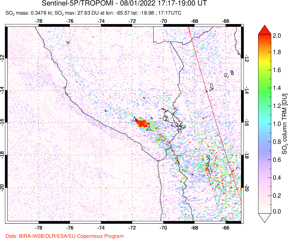 A sulfur dioxide image over Peru on Aug 01, 2022.