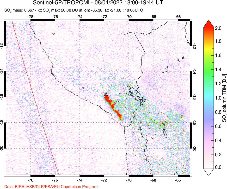 A sulfur dioxide image over Peru on Aug 04, 2022.