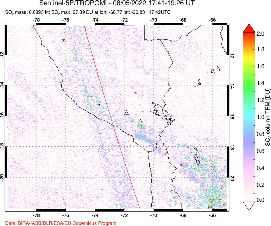 A sulfur dioxide image over Peru on Aug 05, 2022.