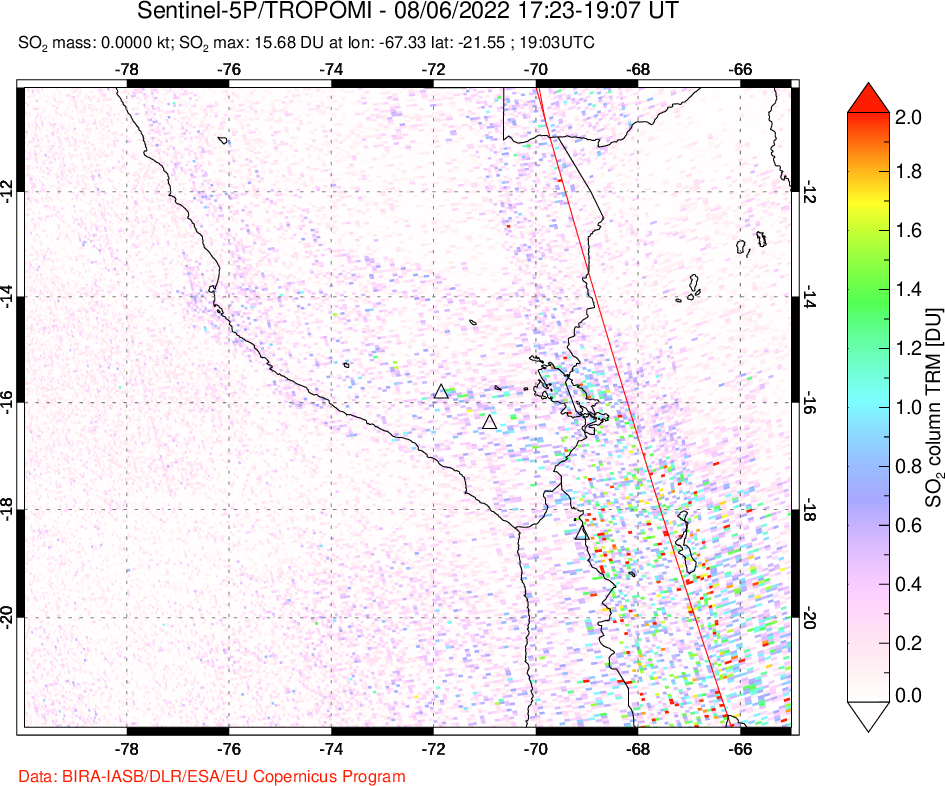 A sulfur dioxide image over Peru on Aug 06, 2022.
