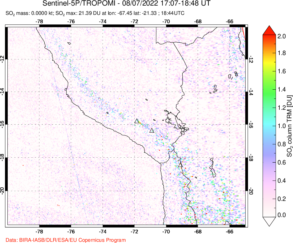 A sulfur dioxide image over Peru on Aug 07, 2022.