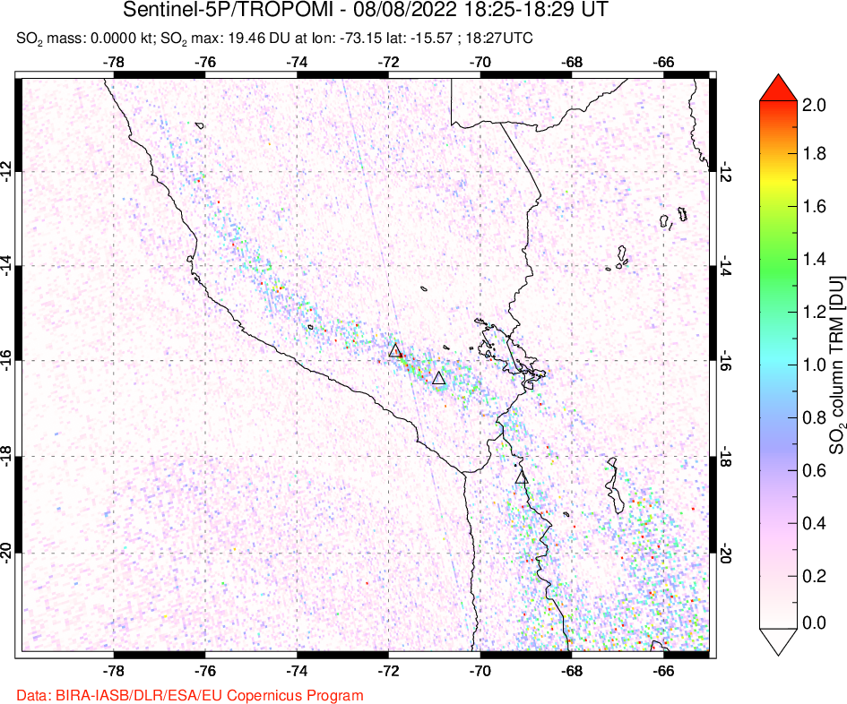 A sulfur dioxide image over Peru on Aug 08, 2022.