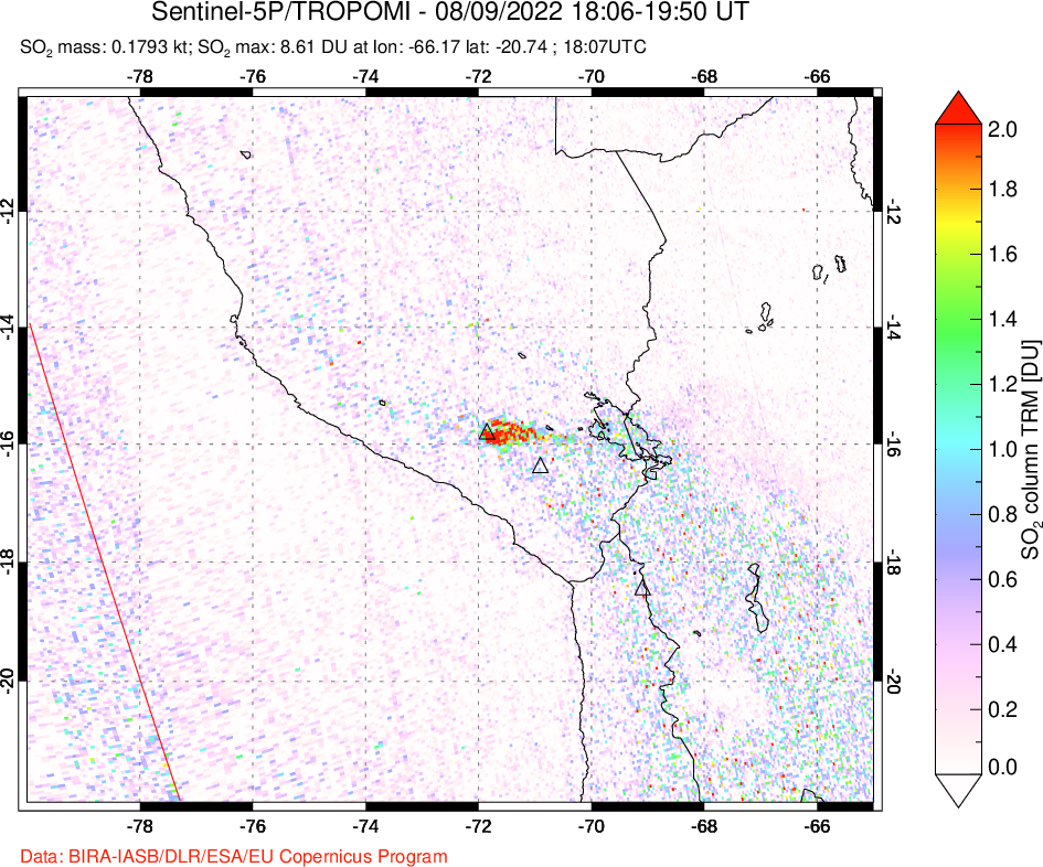 A sulfur dioxide image over Peru on Aug 09, 2022.