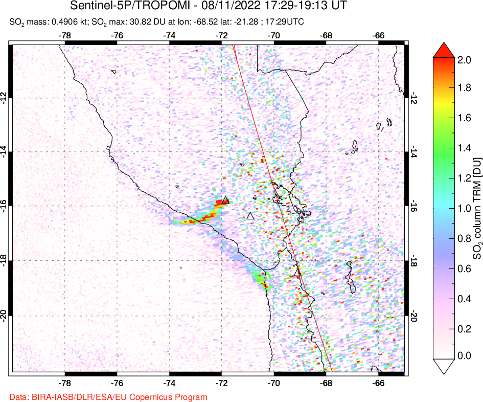 A sulfur dioxide image over Peru on Aug 11, 2022.