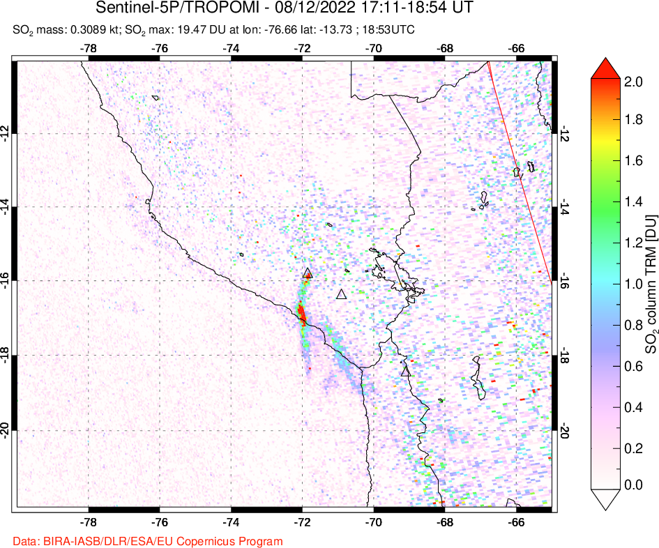 A sulfur dioxide image over Peru on Aug 12, 2022.