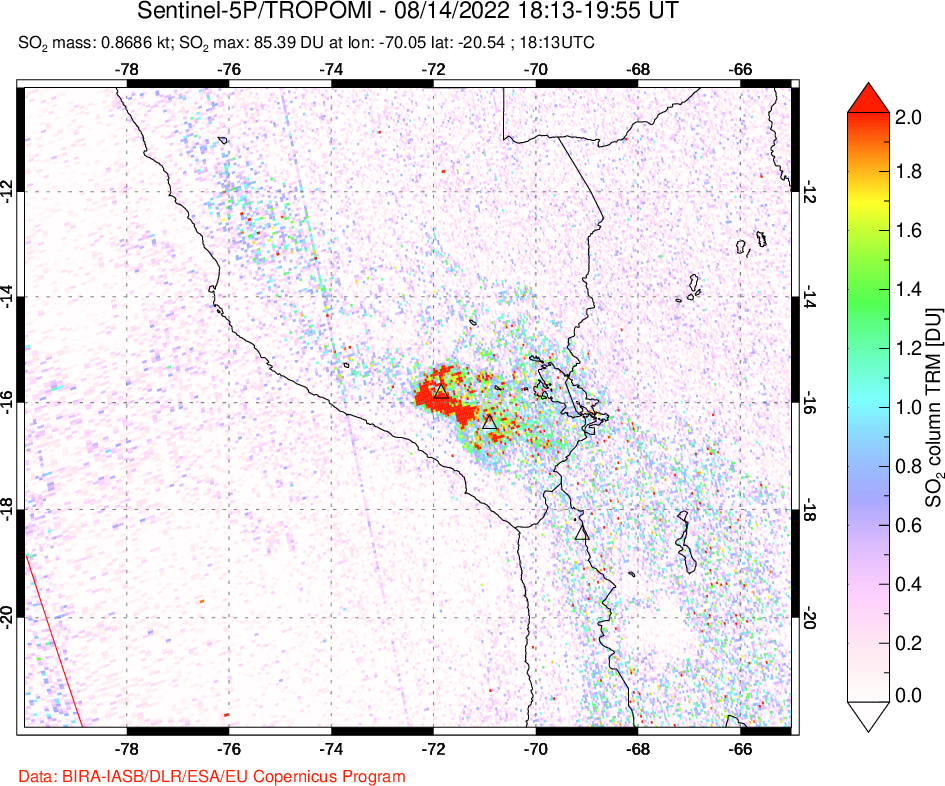 A sulfur dioxide image over Peru on Aug 14, 2022.