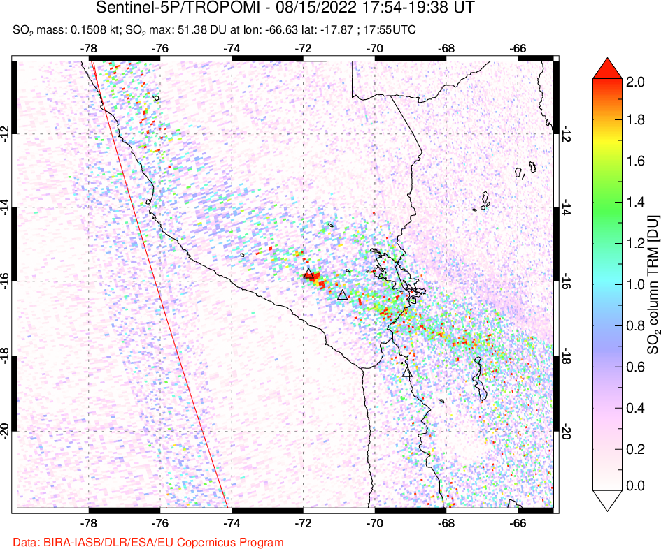 A sulfur dioxide image over Peru on Aug 15, 2022.