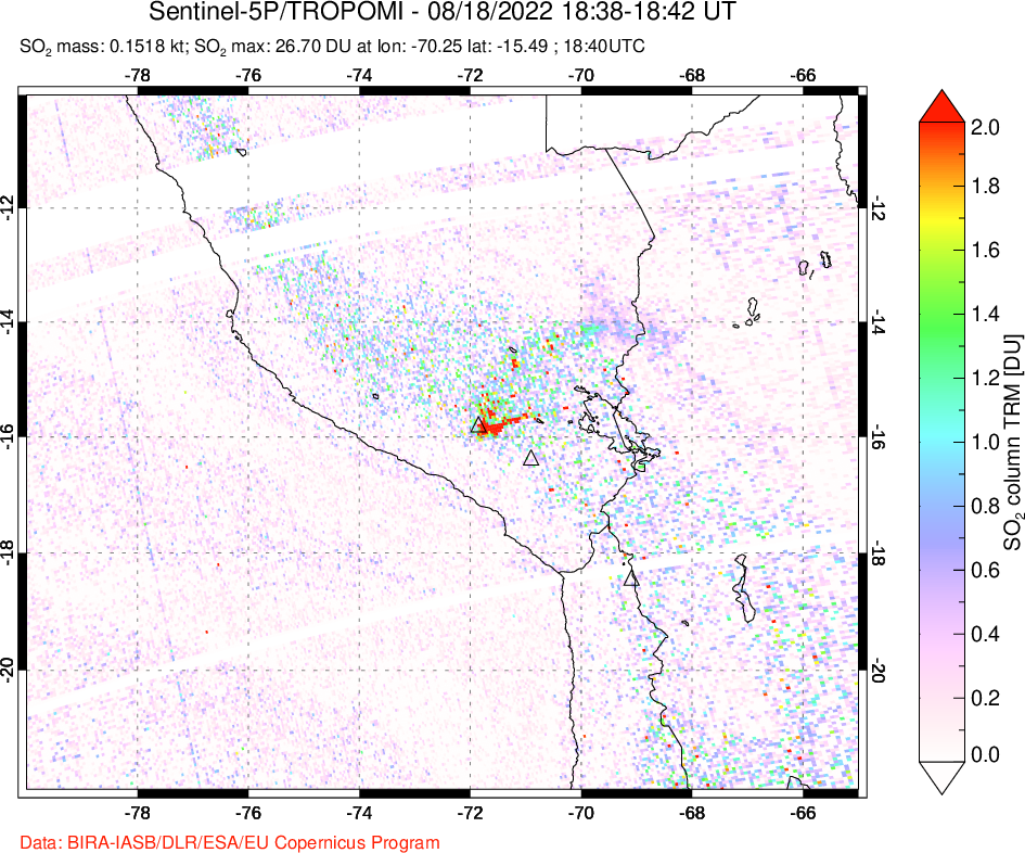 A sulfur dioxide image over Peru on Aug 18, 2022.