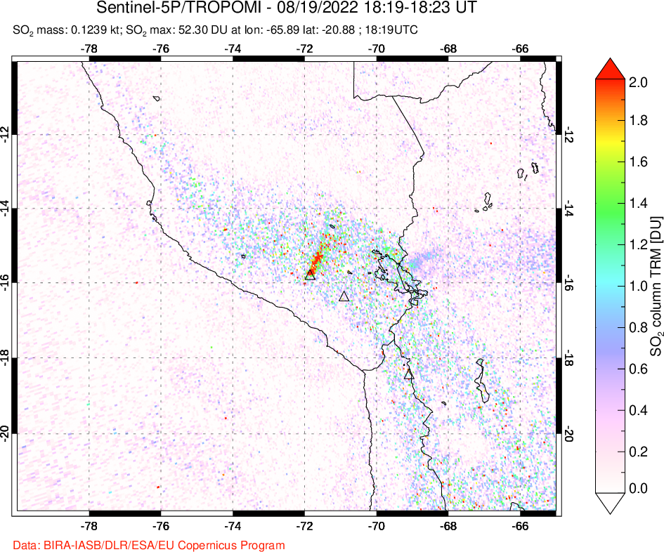 A sulfur dioxide image over Peru on Aug 19, 2022.