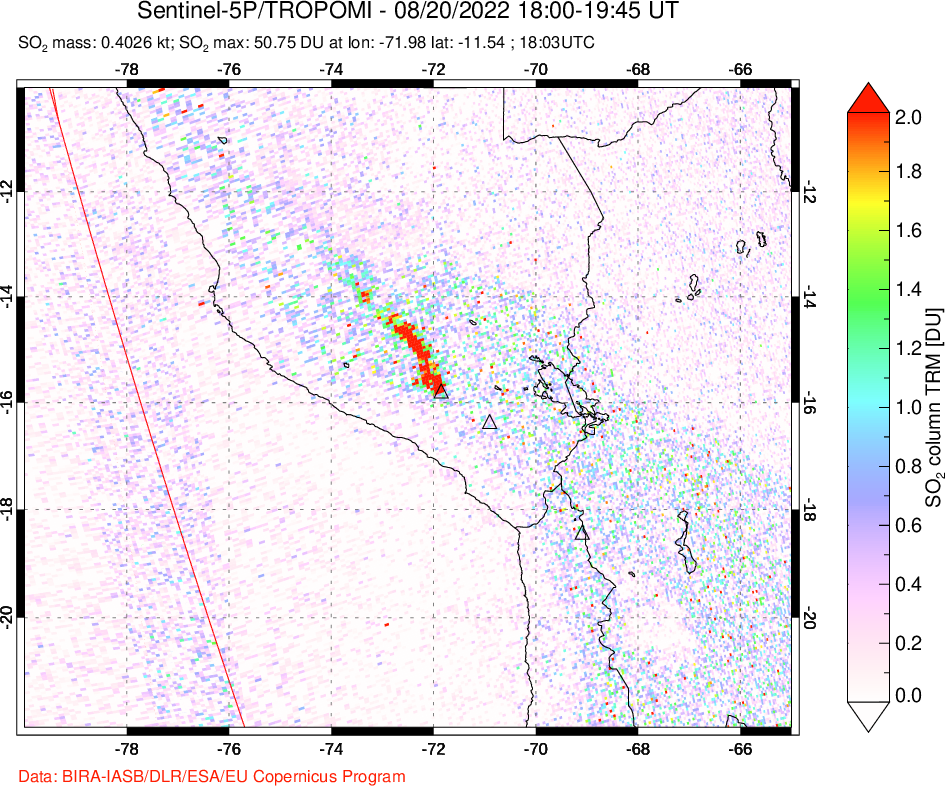 A sulfur dioxide image over Peru on Aug 20, 2022.