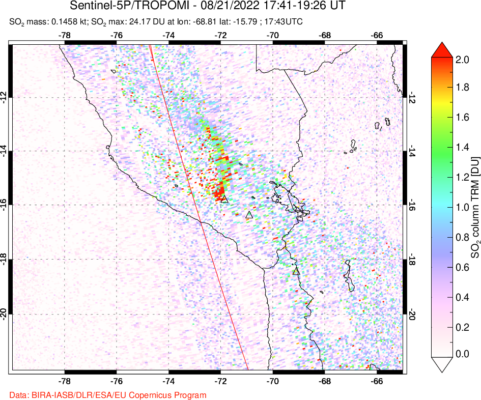 A sulfur dioxide image over Peru on Aug 21, 2022.
