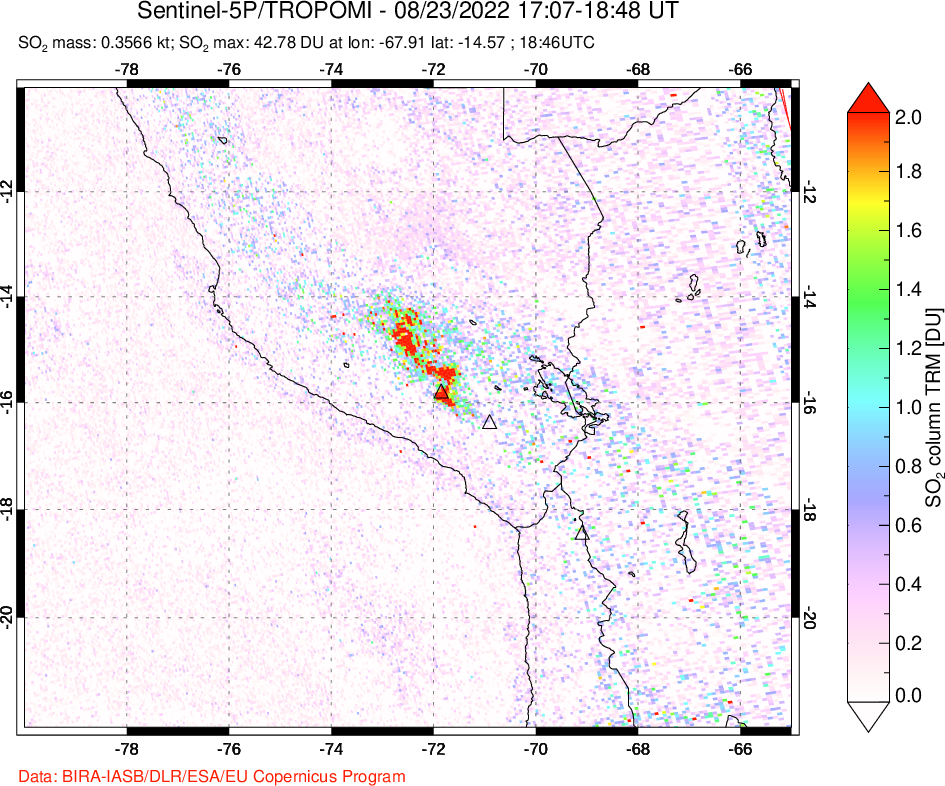 A sulfur dioxide image over Peru on Aug 23, 2022.