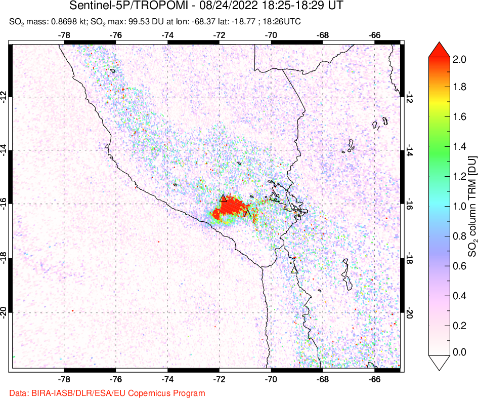 A sulfur dioxide image over Peru on Aug 24, 2022.