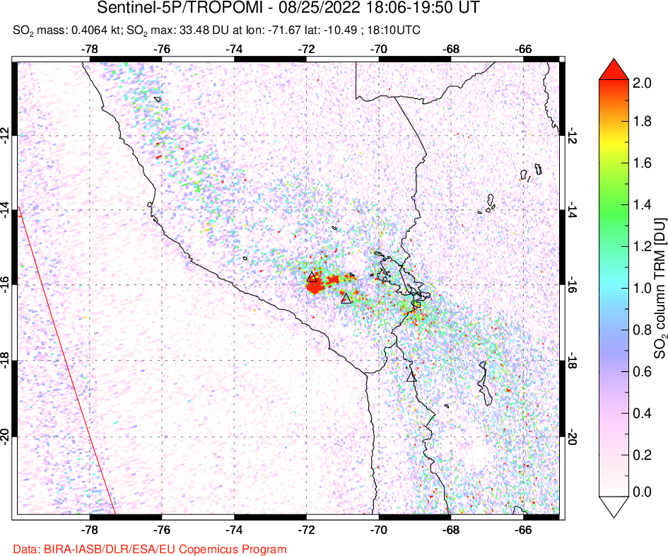 A sulfur dioxide image over Peru on Aug 25, 2022.