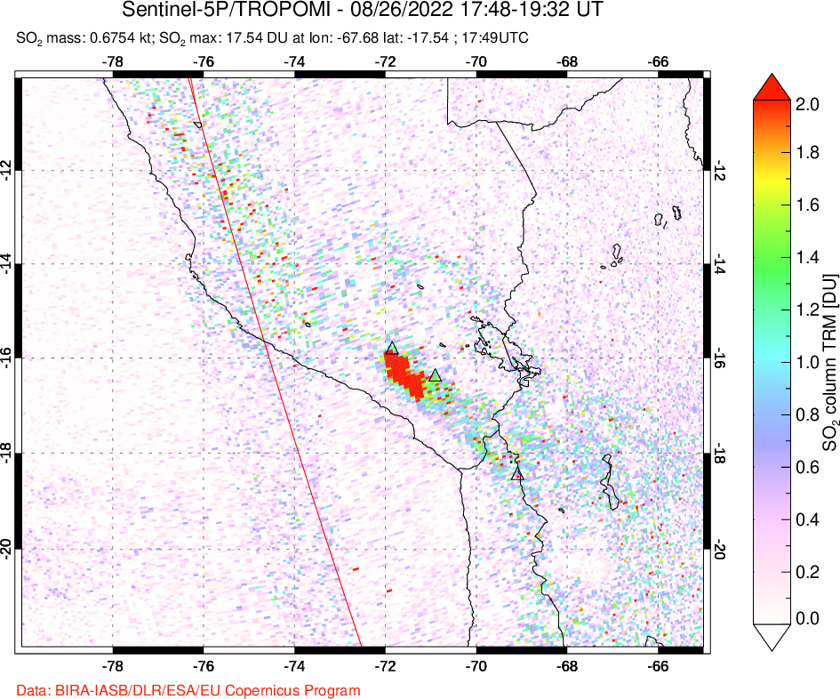 A sulfur dioxide image over Peru on Aug 26, 2022.