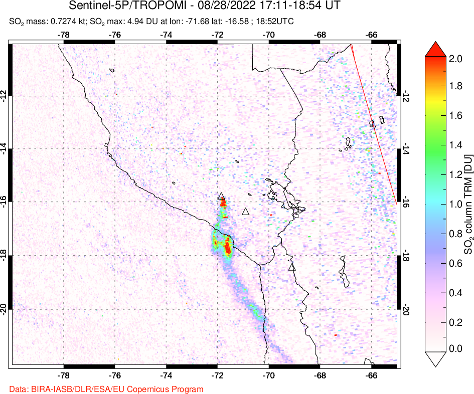 A sulfur dioxide image over Peru on Aug 28, 2022.
