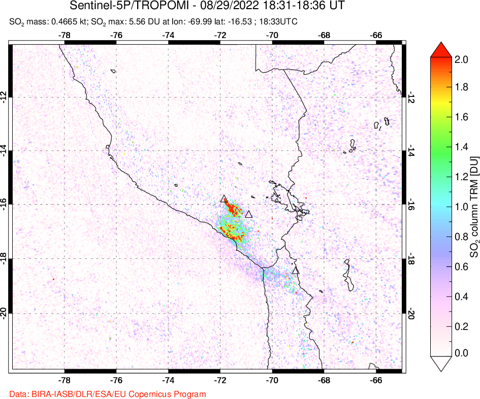 A sulfur dioxide image over Peru on Aug 29, 2022.