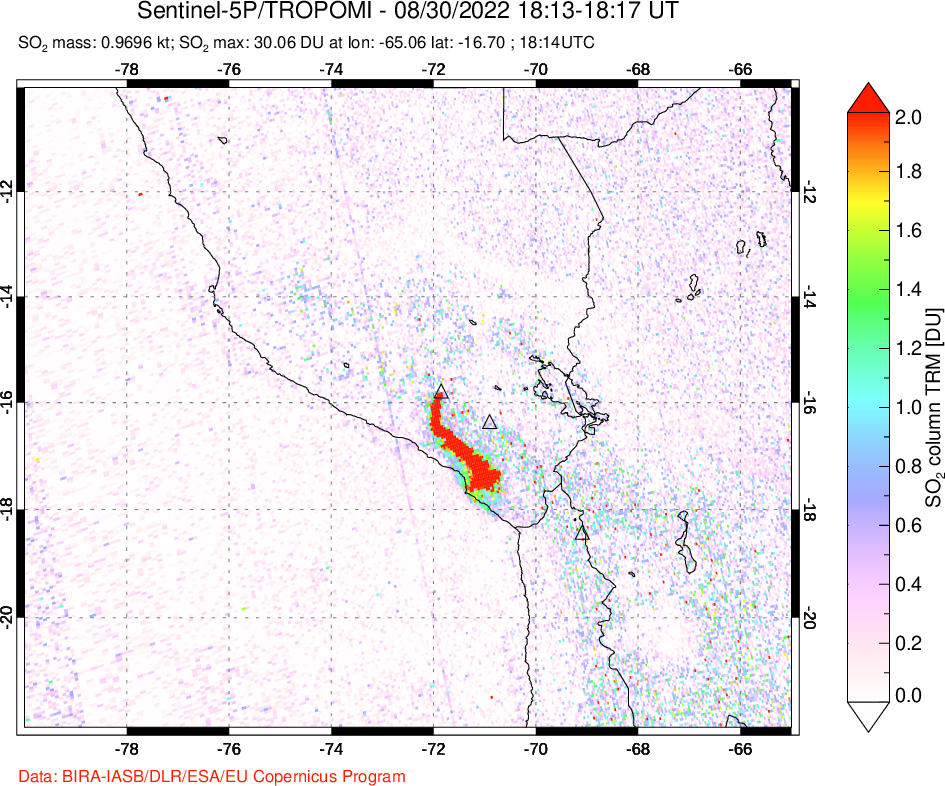A sulfur dioxide image over Peru on Aug 30, 2022.