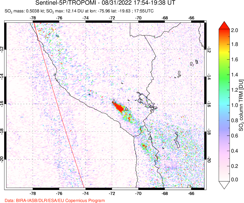 A sulfur dioxide image over Peru on Aug 31, 2022.