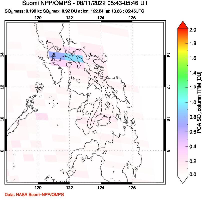 A sulfur dioxide image over Philippines on Aug 11, 2022.