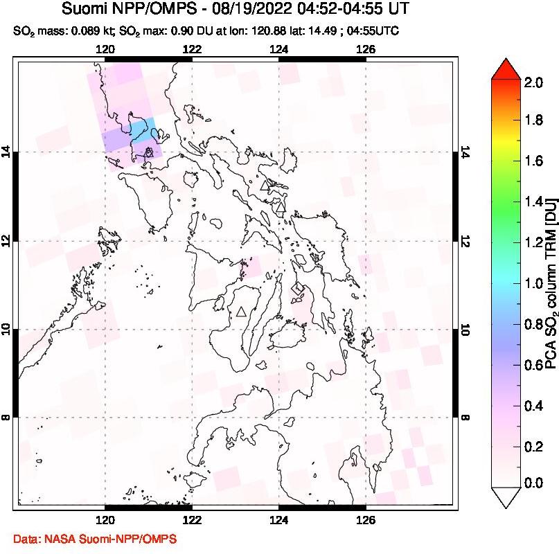 A sulfur dioxide image over Philippines on Aug 19, 2022.