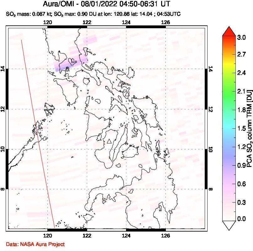 A sulfur dioxide image over Philippines on Aug 01, 2022.